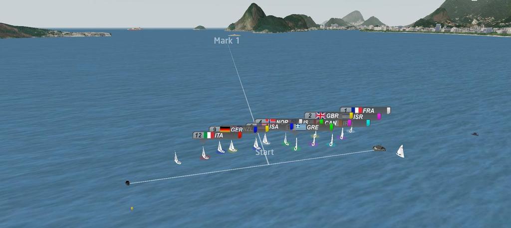 The Sonar three man keelboat fleet sailed on the Escola Naval course on Day 3 with the top mark being near the  São João rock fortress  and with the 300metre high Sugarloaf just to the right. The Atlantic Ocean lies beyond the channel. © World Sailing